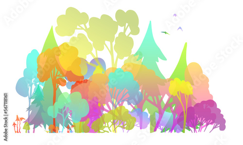 Rainbow season forest. Vector illustration of colorful trees. Multicolored trees. Forest. Vector illustration