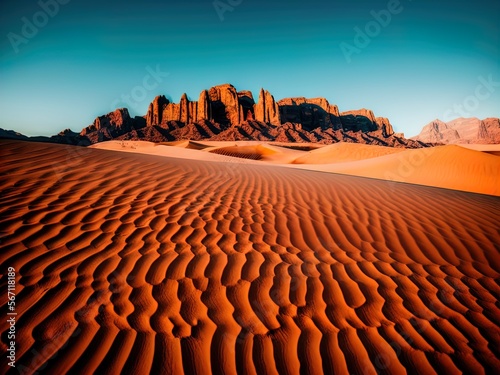 A desert with sand dunes and mountains in the distance. photo
