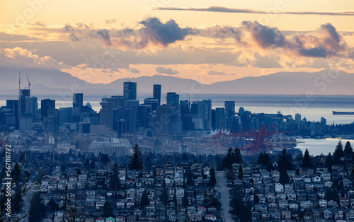 View of the City and Urban Downtown on the West Coast. Vancouver, British Columbia, Canada. Winter Sunset.