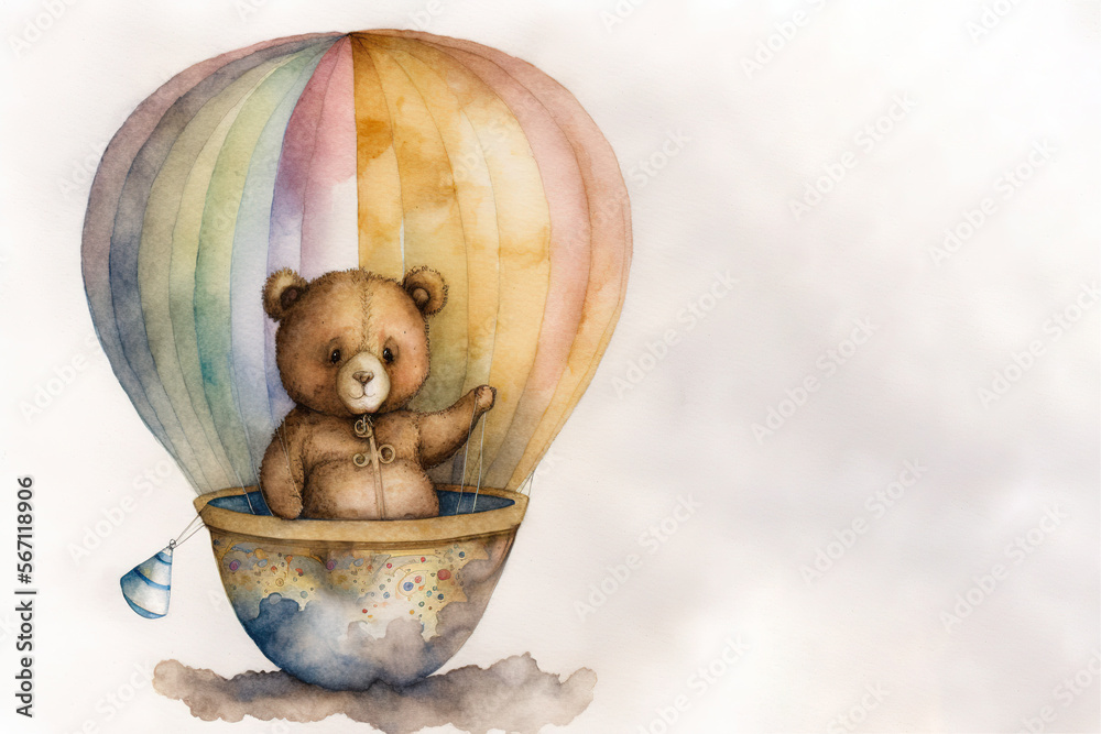 Teddy Bear in a hot air balloon watercolor, Generative AI Stock ...