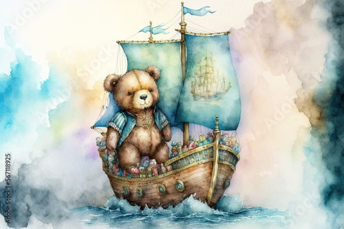 Teddy bear in a pirate ship watercolor, Generative AI photo