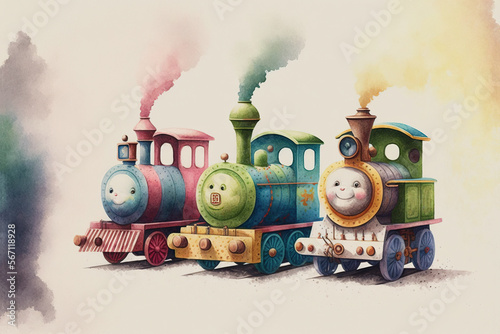 Three toy trains with spaces and smokestacks colorful watercolor, Generative AI