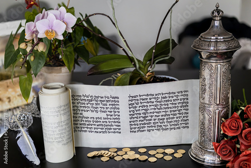 Obraz na plátne Megillat Esther (Book of Esther) scroll on beautiful backround and silver case