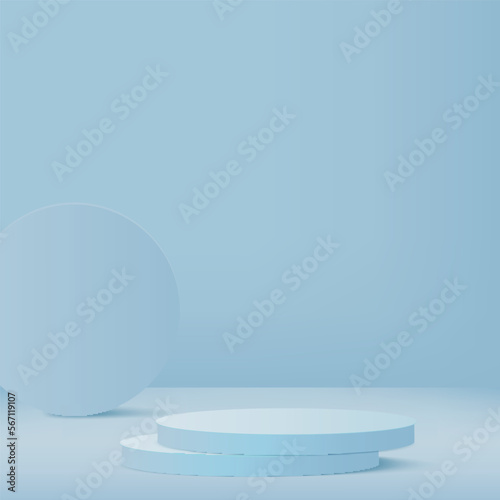 3d blue color podium and minimal blue color wall scene. 3d podium minimal abstract background. Pastel color abstract room design. Vector