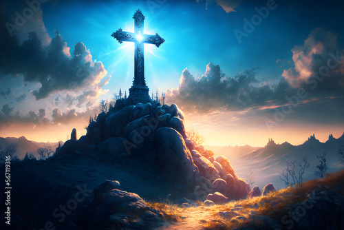 Obraz na płótnie Shining cross on Calvary hill, Golgotha