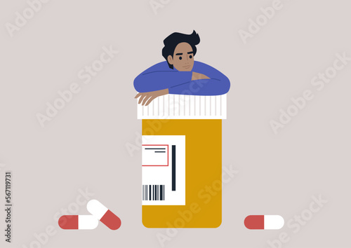 A young character leaning on a pill bottle with prescription drugs, medical treatment