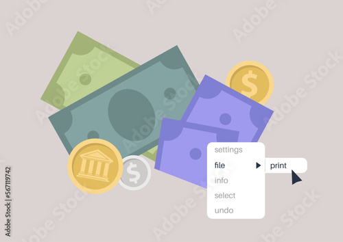 Money counterfeit, a dropdown menu with a print option