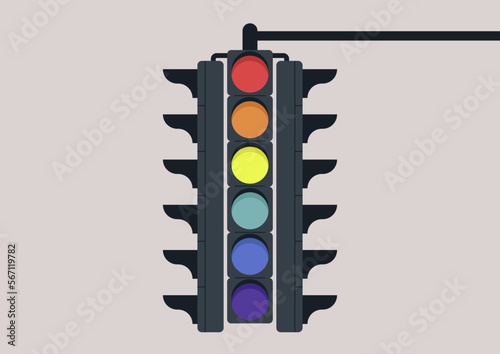 A traffic light with rainbow colors, LGBTQ community, unity and inclusivity