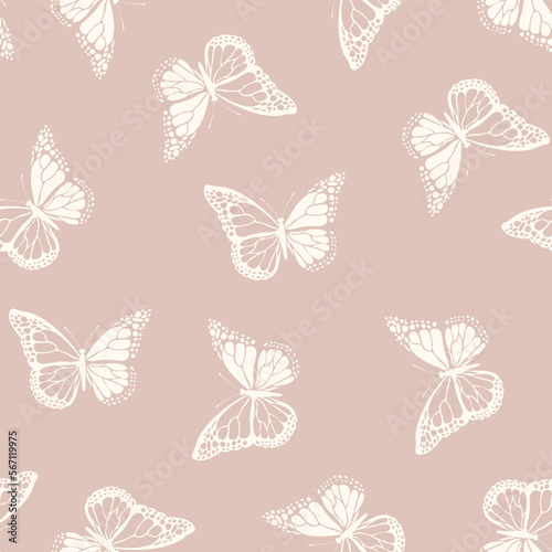 Seamless pattern with funny colorful Butterflies, flowers. Color flat vector illustration for invitation, poster, card, textile, fabric. Butterfly graphic design print. Trendy animal motif wallpaper