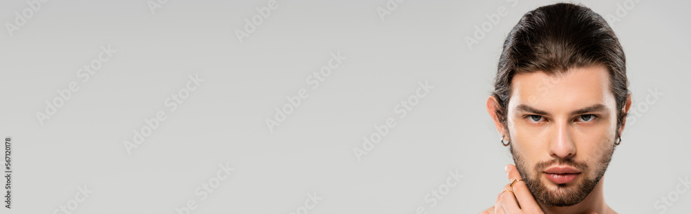 Young bearded man touching beard isolated on grey, banner. Young bearded man touching beard isolated on grey, banner.