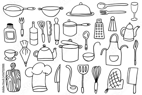  Set of doodle kitchen tools on white background