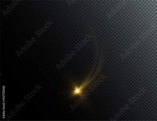 The magical twinkling of a gold comet or a star hovering freely in a dark space. Curl line light effect mysterious.