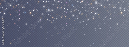 Christmas background. Powder dust light PNG. Magic shining gold and white dust. Fine, shiny dust bokeh particles fall off slightly. Fantastic shimmer effect. Vector illustrator.