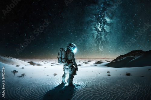 astronaut in snowy desert in winter against the background of starry sky with Milky Way. Generative AI