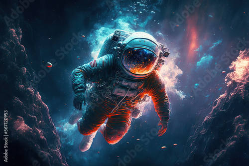 astronaut swims underwater in a fantastic dream world. Generative AI