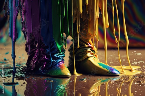 Inspired Paint-Covered Shoes: Trending Close-Up with Rainbow Reflections photo