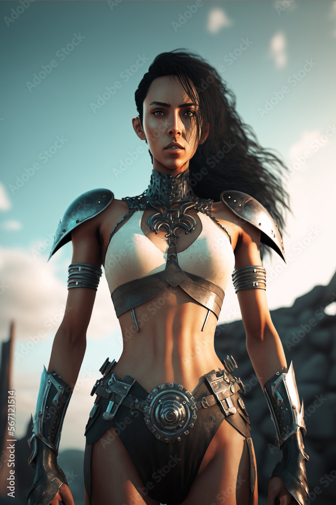 Full body portrait of a female warrior with white and black futuristic armor. Fit body posing. Generated with AI.