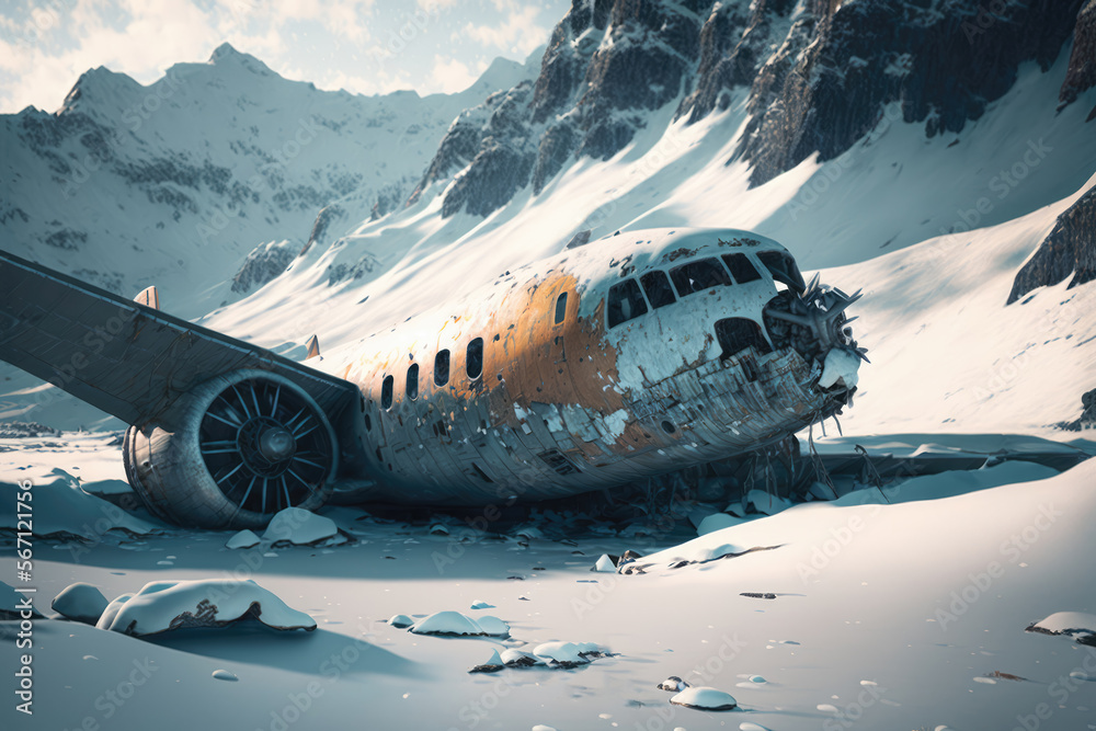Flugzeugabsturz in den Bergen, Illustration - Generative AI - obrazy, fototapety, plakaty 