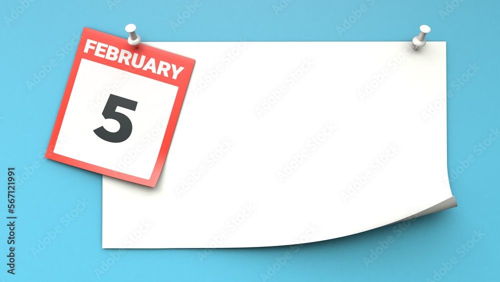 February 5. A calendar sheet with a date on a blue background. Copy space. The best day of the year. Three-dimensional illustration. 3D rendering. February 5. A calendar sheet with a date on a blue background. Copy space. The best day of the year. Three-dimensional illustration. 3D rendering.