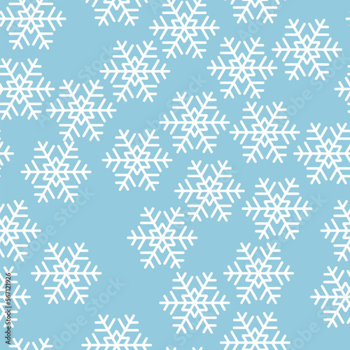 Winter seamless pattern with white snowflakes on blue background. Vector illustration for fabric, textile wallpaper, posters, gift wrapping paper. Christmas vector illustration. Falling snow