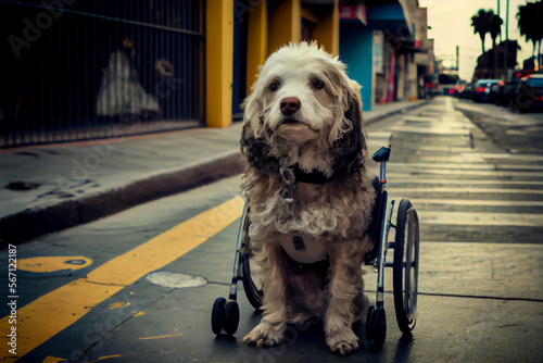 Glücklicher Hund im Rollstuhl in einer Stadt - Generative Ai photo