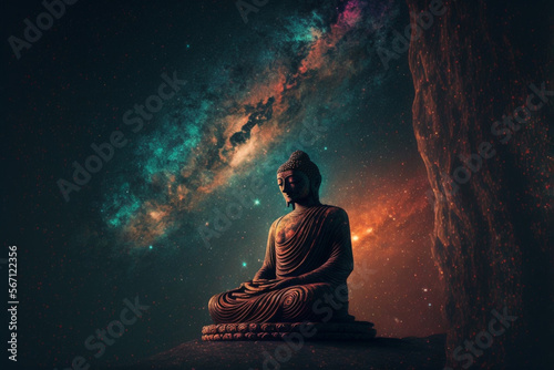Generative Ai of Buddha and meditative space. Opened to new knowledge concept. 