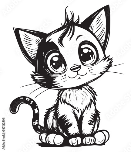 Cute kitten in cartoon black and white style for coloring. Vector illustration