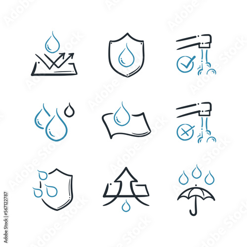 Set of Waterproof Line Icons Doodles. Hand Drawn Drop Warning, Moisture Resistant Textile, Wash under water.