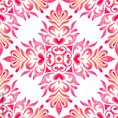 Medallion damask tile watercolor hand drawn floral pattern. pink and white portuguese tile