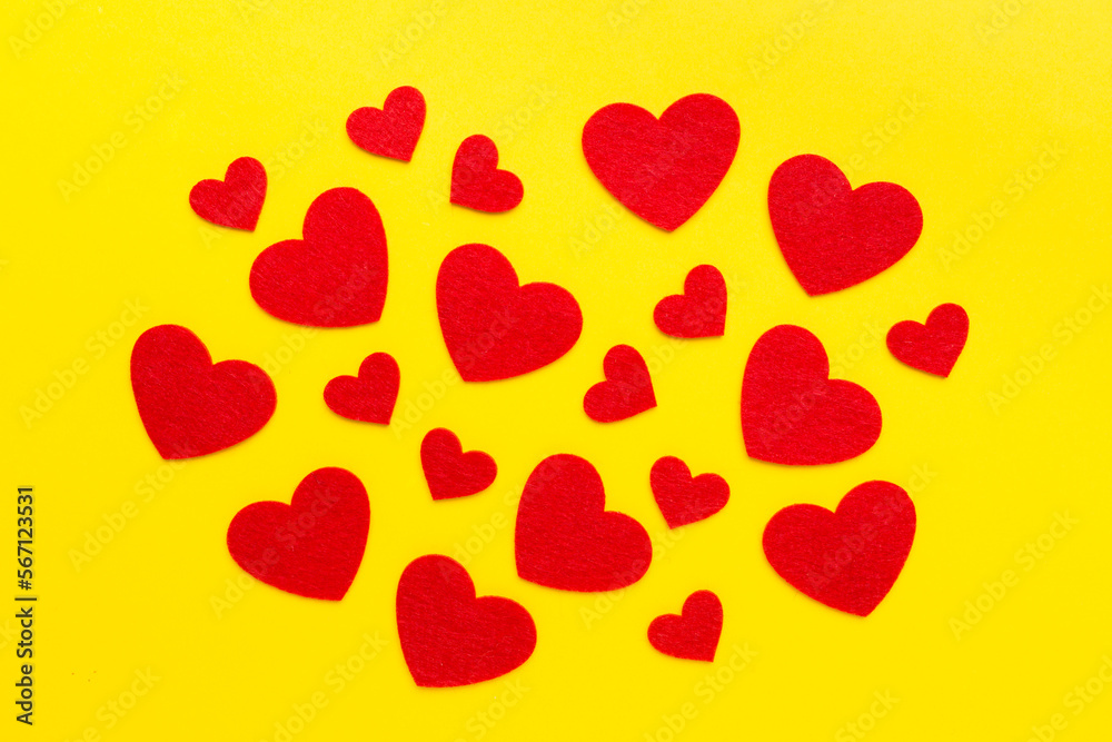Felt hearts on color background, top view Felt hearts on color background, top view