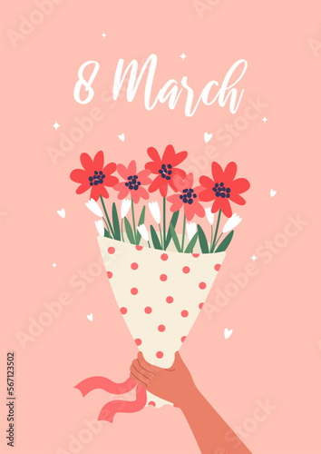 Happy Women's Day. Lovely funny greeting card with a bouquet of flowers in hand. Cute festive vector illustration for the celebration of March 8th.