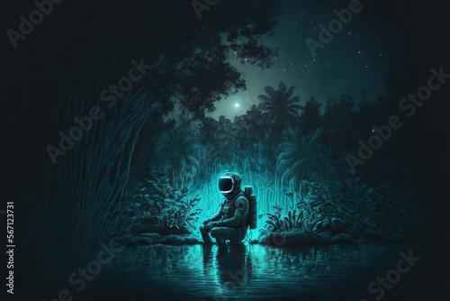 astronaut sits in the water in the jungle under the starry night sky on a fantastic planet. Generative AI