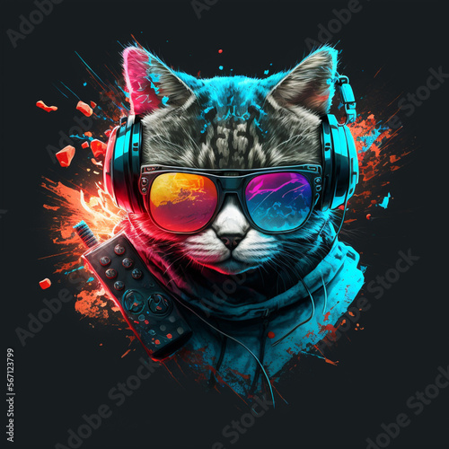 cat of different colors in headphones and glasses on a black background avatar