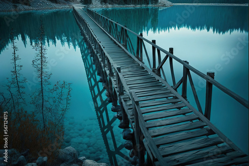  a wooden bridge over a body of water with a mountain in the background and a lake in the foreground with rocks and grass in the foreground. generative ai