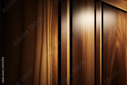  a wooden door with a light shining on the side of the door and a wood paneled wall in the background with a light shining on the side of the door.  generative ai