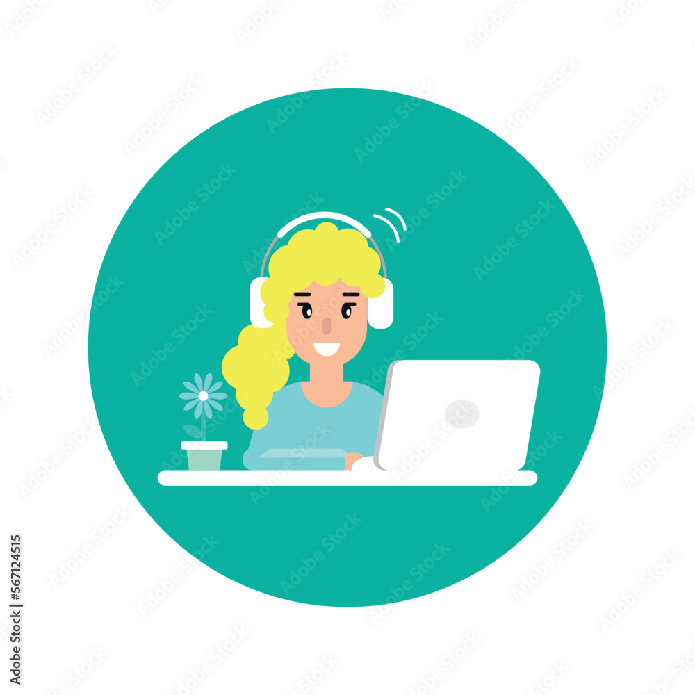 cute freelancer girl on computer with earphones. cute freelancer girl on computer with earphones.
