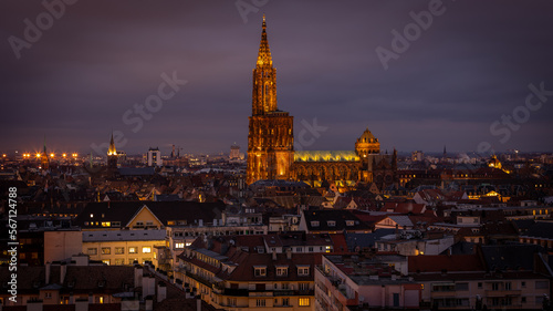 Skyline and Cathedral of Strasbourg at night in Strasbourg in France on January 2023