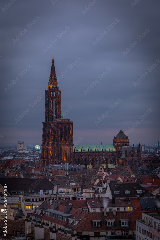 Skyline and Cathedral of Strasbourg in Strasbourg in France on January 2023