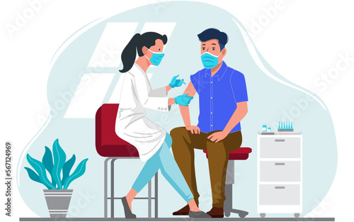 Lady Doctor injecting Coronavirus Vaccine to a Patient. Vector illustration. 
