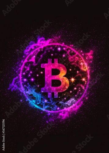 Make a statement with this ultra-modern art. Celestial nebula & Bitcoin logo, perfect for expressing the innovative, trendy world of crypto