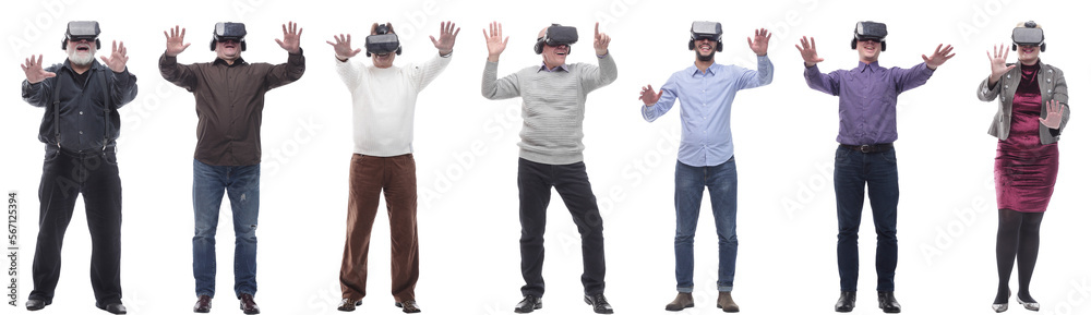 group of people with 3d glasses hands up isolated on white group of people with 3d glasses hands up isolated on white