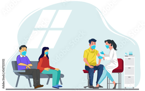 Lady Doctor injecting Coronavirus Vaccine to a Patient. Vector illustration. 