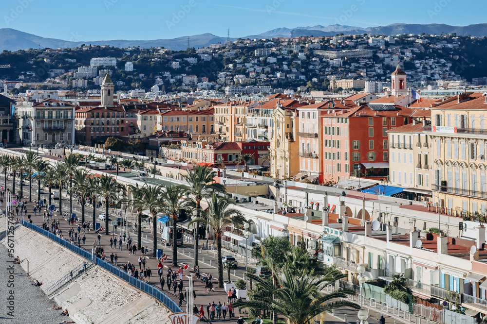 Nice, France - November 7, 2022: . View of the Promenade des Anglais in Nice on a sunny November day