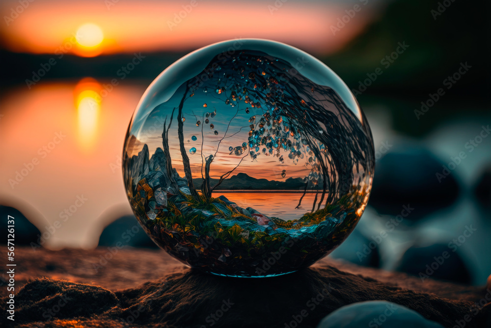 Sphere with internal light in a natural landscape at sunset. Generative AI Sphere with internal light in a natural landscape at sunset. Generative AI