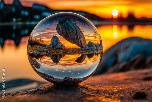 Sphere with internal light in a natural landscape at sunset. Generative AI