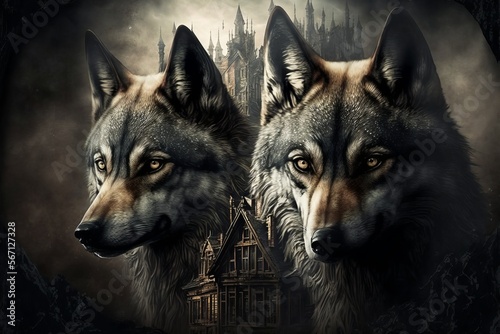 Gothic style wolves in front of castle