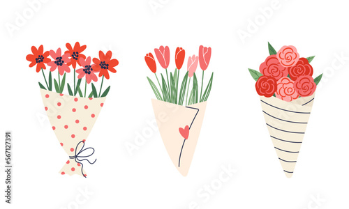 Bouquets of flowers. A bouquet of garden flowers, a bouquet of tulips, a bouquet of roses. Vector set of floral decoration. Suitable for March 8, Mother's Day, invitations, greeting cards. photo