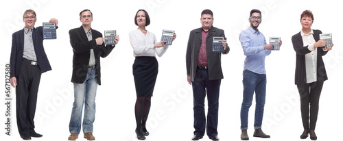 collage of people demonstrate calculator in hand isolated