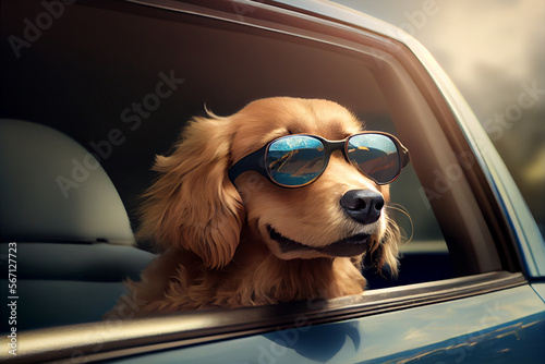 glücklicher Hund, der den Kopf aus dem Autofenster streckt und Spaß hat - Generative Ai