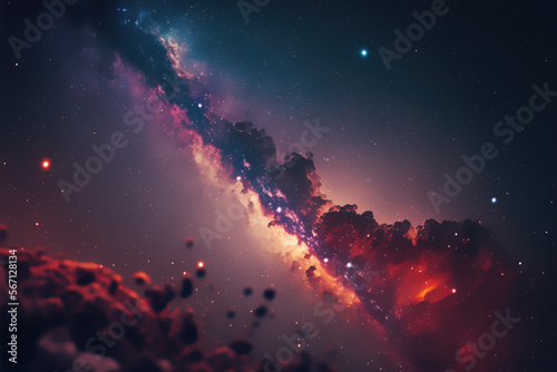 Illustration of a space cosmic background of supernova nebula and stars, glowing mysterious universe, Generative AI